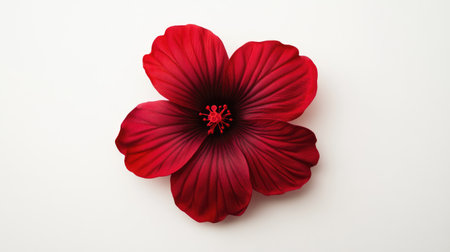 A stunning bright red hibiscus flower showcases its intricate petals against a soft white background, emphasizing its natural beauty and elegance. Perfect for floral designs.の素材
