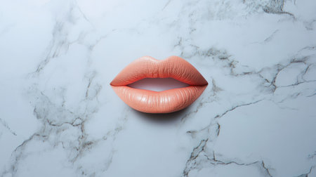 A close-up view of a smooth and glossy peach lip against a marble background, emphasizing beauty and elegance with a modern aesthetic.の素材