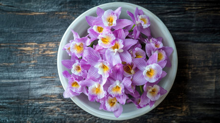 A stunning arrangement of fresh purple orchids in a white bowl, captured on a rustic wooden surface. This image showcases natural beauty and elegance, perfect for decor.の素材