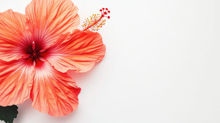 A stunning hibiscus flower in vibrant orange and red tones rests elegantly on a soft white background. Its delicate petals and green leaf evoke a sense of tropical beauty.の素材