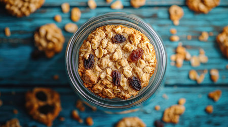 A delicious oatmeal cookie sits in a clear glass jar on a rustic blue wooden surface. This overhead shot captures the texture and warmth of a perfect sweet snack.の素材
