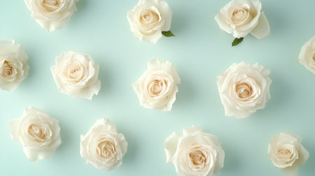 A stunning arrangement of white roses on a soft mint background, showcasing the unique beauty of each bloom. Ideal for decoration and design.の素材