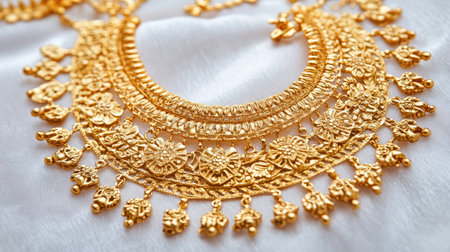 This stunning gold necklace showcases intricate detailing, perfect for enhancing elegant outfits. Ideal for special occasions, it reflects luxury and craftsmanship.の素材