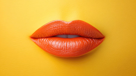 This image showcases a pair of vibrant orange lips set against a bright yellow background, highlighting beauty and fashion themes. Perfect for cosmetic promotions or artistic projects.の素材