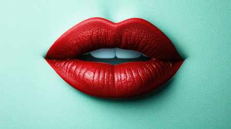This striking image features glossy red lips against a soft mint background, perfect for beauty and cosmetic themes. The vibrant colors create an eye-catching and elegant aesthetic, ideal for various projects.の素材