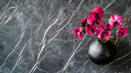 A stunning arrangement of vibrant pink orchids placed in a sleek black vase atop a luxurious marble surface. Perfect for adding elegance to any space.の素材