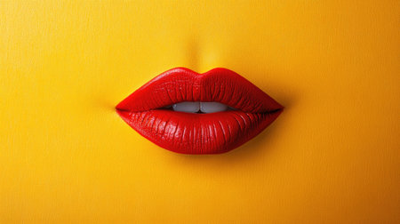 A captivating close-up of bold red lips set against a bright yellow background, creating a striking contrast. This vibrant imagery evokes elegance and modern beauty.の素材