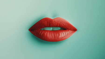 This stunning image showcases red lips against a soft green background, emphasizing beauty and elegance in a minimalist style. Perfect for fashion and makeup themes.の素材