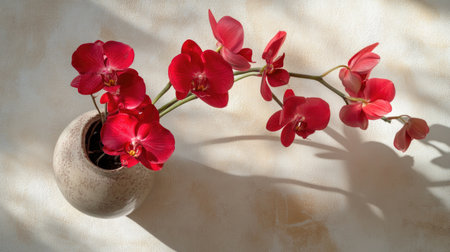 A stunning arrangement of red orchids in a simple ceramic vase. The gentle sunlight casts beautiful shadows, creating an elegant and serene atmosphere.の素材