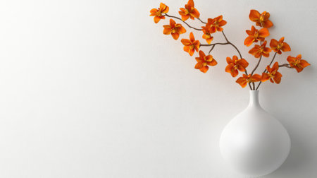 A striking white vase filled with vibrant orange flowers stands against a clean, plain background, creating a harmonious and elegant focal point for any space.の素材
