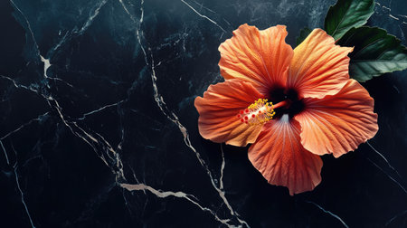 A stunning hibiscus flower in vibrant orange rests on a dark marble surface, complemented by a lush green leaf, creating a serene and elegant atmosphere.の素材