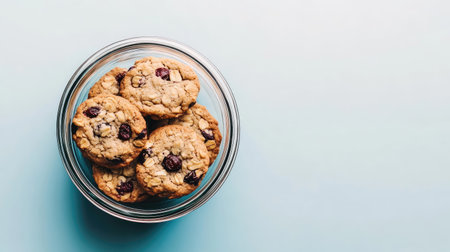 A beautiful arrangement of freshly baked cookies in a glass bowl, set against a soft pastel background. Perfect for showcasing sweet treats and dessert recipes.の素材