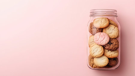 A delightful assortment of cookies in a clear glass jar against a soft pink background, creating a cozy and inviting atmosphere for dessert lovers.の素材