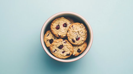 A delightful arrangement of freshly baked cookies featuring cranberries in a white bowl. This image captures the essence of comfort and indulgence, perfect for food lovers.の素材