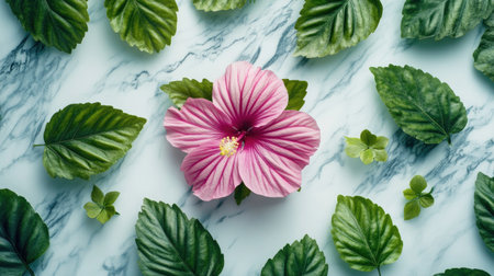 A stunning pink hibiscus flower takes center stage amidst an array of lush green leaves, creating a vibrant and tranquil arrangement perfect for nature-themed designs.の素材
