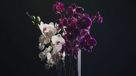 A stunning arrangement of purple and white orchids in a sleek glass vase. This elegant floral display brings a touch of nature and beauty to any space, perfect for home decor or gifting.の素材