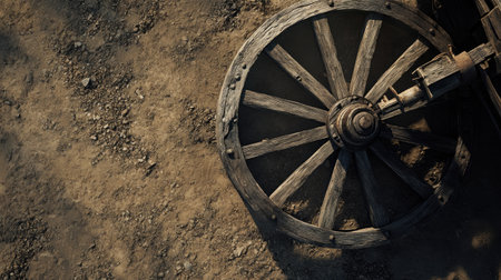 A close-up view of a vintage wooden wheel resting on a dirt ground, showcasing its rustic charm. The detailed texture and worn features capture a sense of history and simplicity.の素材