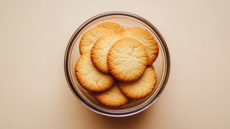 A clear bowl filled with freshly baked round cookies against a light background, showcasing their golden brown color and inviting texture. Perfect for snack time!の素材