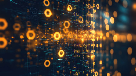 A colorful digital abstract background featuring glowing circles and lines. Ideal for technology, innovation, or futuristic themes in creative projects.の素材