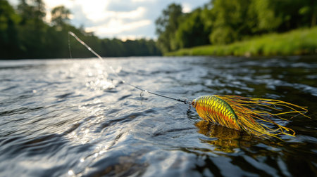 A vibrant fishing lure floats gently on the surface of a tranquil river, illuminated by warm sunlight. The surrounding greenery enhances the natural beauty and peaceful atmosphere.の素材