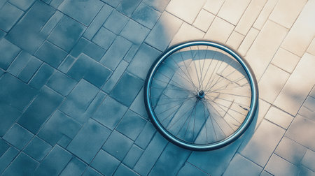 This striking aerial image captures a bicycle wheel laid on a paved surface, creating a sense of solitude and a modern aesthetic.の素材