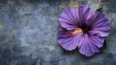 A stunning close-up of a vibrant purple hibiscus flower set against a textured gray background, showcasing the beauty and intricacy of nature's artistry.の素材