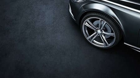 This image showcases a close-up of a sleek car wheel resting on a dark asphalt background, highlighting modern design and elegant details.の素材