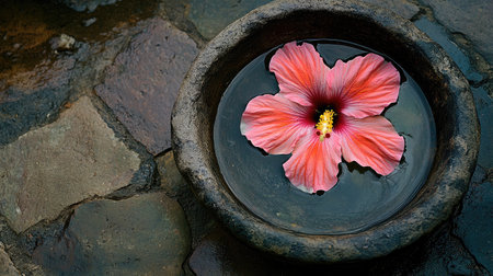 A stunning pink hibiscus flower gracefully floats in a bowl of water, surrounded by a rustic stone surface. This image captures the essence of tranquility and natural beauty.の素材