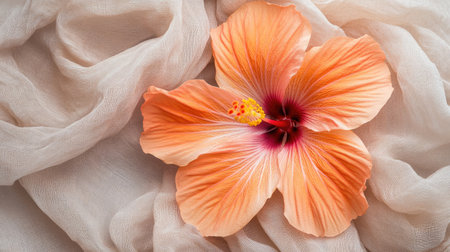 A beautiful hibiscus flower in peach and coral hues lies gracefully on soft fabric, creating a serene and elegant atmosphere perfect for relaxation and wellness themes.の素材