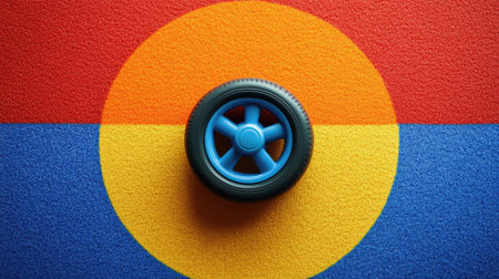 A vivid blue toy wheel positioned on a textured, colorful circular background creates a playful and artistic visual ideal for children-oriented projects.の素材