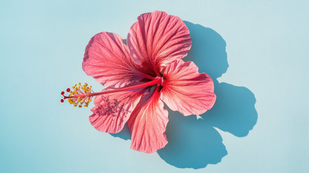A stunning close-up of a vibrant pink hibiscus flower contrasts beautifully against a light blue background, casting a soft shadow and showcasing nature's elegance.の素材