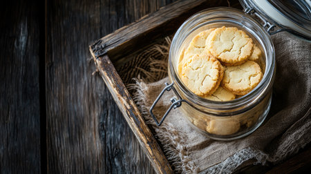 A beautiful arrangement of freshly baked cookies placed in a glass jar on a rustic wooden background, creating a cozy and inviting atmosphere for dessert lovers.の素材