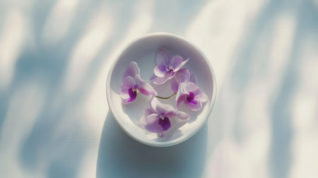 A serene composition of delicate pink orchids floating gracefully in a white bowl, capturing elegance and tranquility in a light and airy ambiance.の素材
