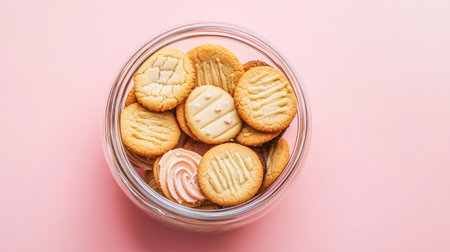 A clear glass jar filled with a delightful assortment of cookies against a soft pink background, perfect for showcasing a tempting variety of treats.の素材