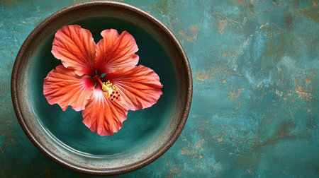 A stunning bright orange hibiscus flower petals gently float in a tranquil water bowl, showcasing its vibrant colors against a textured background. Perfect for serene and exotic themes.の素材