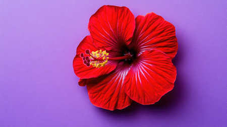 Discover a stunning red hibiscus flower placed against a soft purple background, showcasing vibrant petals and intricate details that evoke natural beauty.の素材