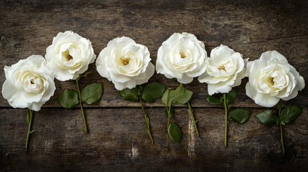 A beautiful arrangement of elegant white roses displayed on a rustic wooden background. The soft petals and green leaves create a serene and romantic atmosphere, perfect for any occasion.の素材