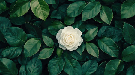 A serene composition featuring a single white flower gently nestled among vibrant green leaves, creating a peaceful and calming natural scene.の素材