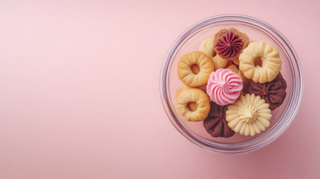 A vibrant assortment of delectable cookies displayed in a clear glass jar against a soft pink background, perfect for any dessert-themed project.の素材