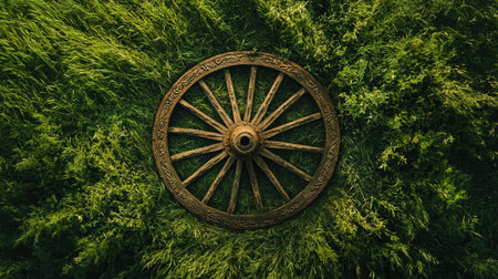 A rustic wooden wheel rests on a vibrant green grass field, creating a serene and tranquil atmosphere. The image embodies nature's beauty and heritage.の素材
