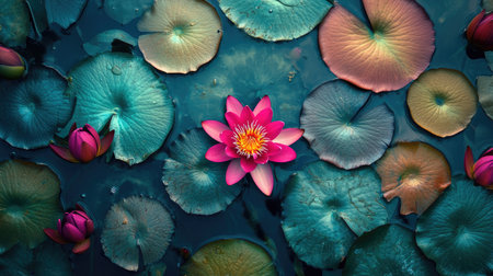 A stunning water lily with bright pink petals blooms amidst colorful lotus leaves. This serene aquatic scene captures the beauty of nature and tranquility.の素材