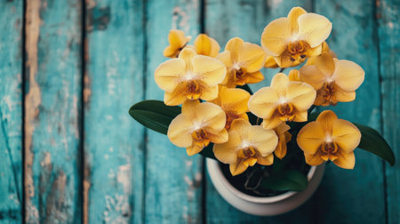 A stunning arrangement of yellow orchid flowers in a white pot, placed on a rustic blue wooden table. This vibrant scene evokes feelings of beauty and tranquility.の素材