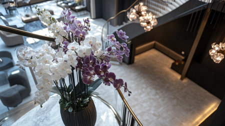 A stunning display of white and purple orchids enhances the elegance of a modern hotel lobby, showcasing luxurious interior design and inviting ambiance.の素材