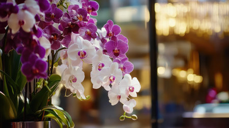 A stunning close-up of purple and white orchids in an elegant indoor setting. This arrangement adds beauty and elegance to any space, showcasing the vibrant colors and intricate details of the blossoms.の素材