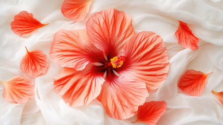 A stunning orange hibiscus flower rests gracefully on a soft white fabric. The vibrant petals surround the bloom, creating a serene and delicate scene. Perfect for nature and floral inspirations.の素材