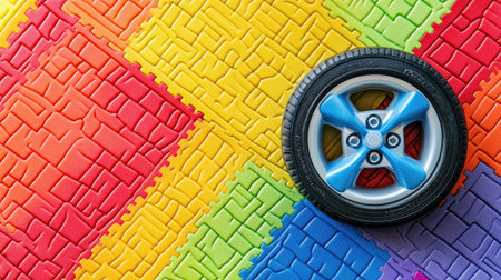 This vibrant, colorful play mat features a toy wheel resting on interlocking tiles, ideal for stimulating creativity and imagination in young children.の素材