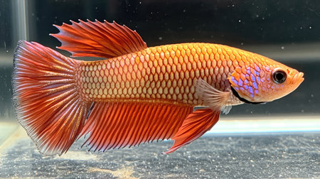 This vibrant betta fish displays stunning coloration and intricate fin patterns in a clear aquarium habitat, showcasing the beauty of aquatic life.の素材