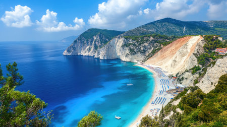 A stunning coastal view showcasing a sandy beach, clear blue waters, and lush cliffs under a bright sky. This serene landscape is perfect for summer vacations.の素材