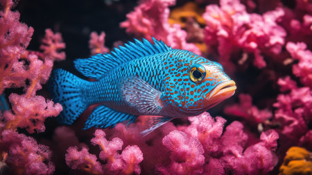 A stunning image of a colorful tropical fish swimming gracefully among vibrant coral in a rich marine environment. Perfect for nature enthusiasts.の素材