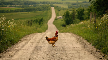 A charming chicken crossing a dusty country road surrounded by lush green fields and a serene landscape. This image captures rural life and natural beauty.の素材